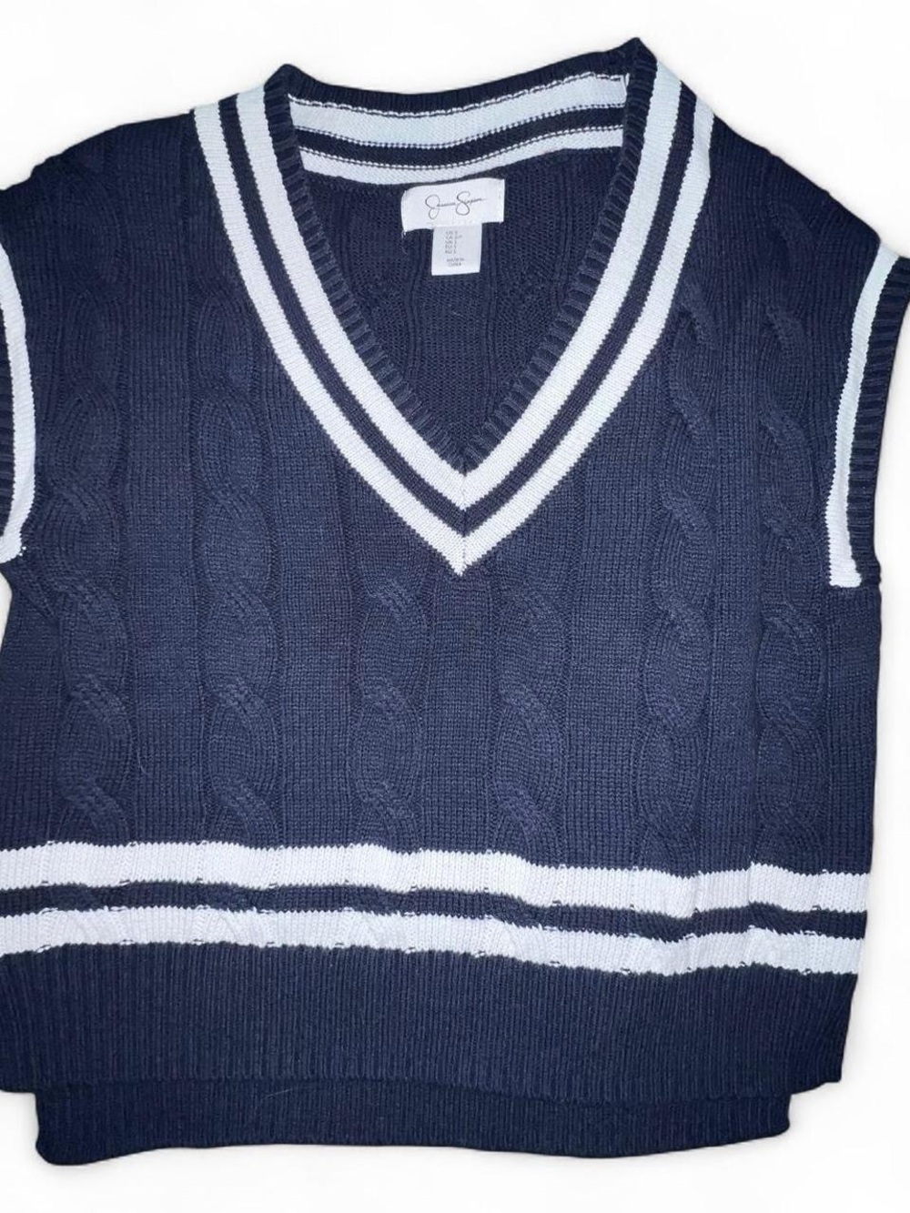 Jessica Simpson Navy V-Neck Cable Knit Sweater Vest with White Trim